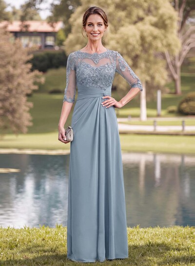 A-Line Illusion Neck 1/2 Sleeves Chiffon Mother Of The Bride Dresses With Appliques Lace