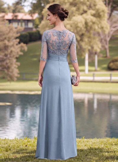 A-Line Illusion Neck 1/2 Sleeves Chiffon Mother Of The Bride Dresses With Appliques Lace