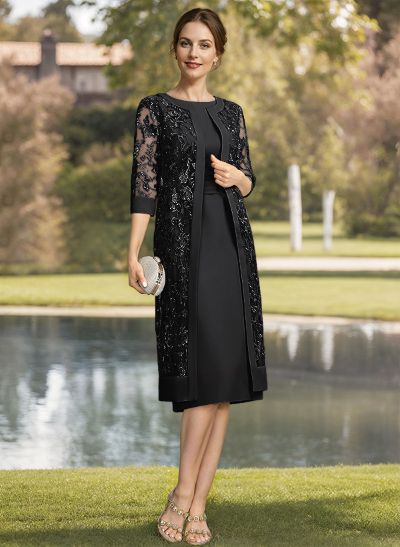 Sheath/Column Scoop Neck Short Sleeves Chiffon Mother Of The Bride Dresses