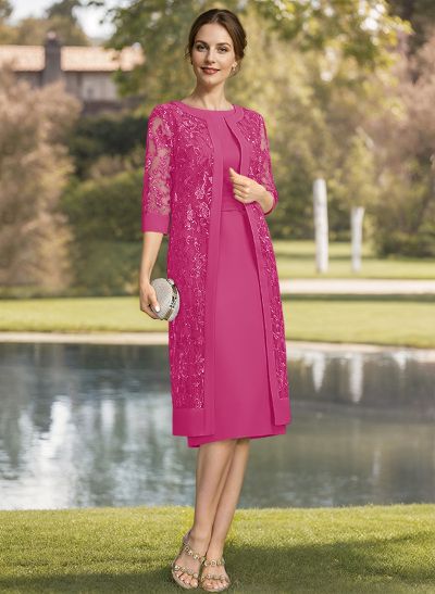 Sheath/Column Scoop Neck Short Sleeves Chiffon Mother Of The Bride Dresses