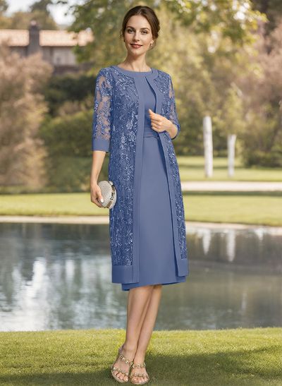 Sheath/Column Scoop Neck Short Sleeves Chiffon Mother Of The Bride Dresses