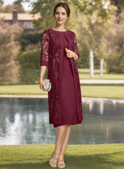 Sheath/Column Scoop Neck Short Sleeves Tea-Length Chiffon Mother Of The Bride Dresses