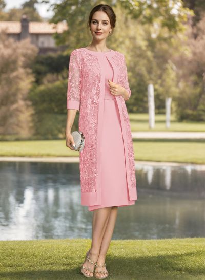 Sheath/Column Scoop Neck Short Sleeves Chiffon Mother Of The Bride Dresses