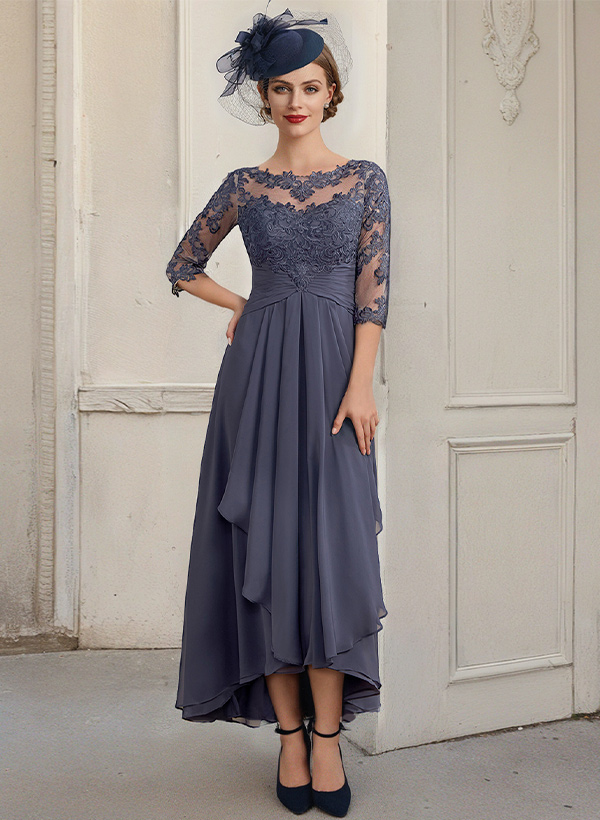 A-Line Scoop Neck 3/4 Sleeves Chiffon Wedding Party Dresses With Appliques Lace