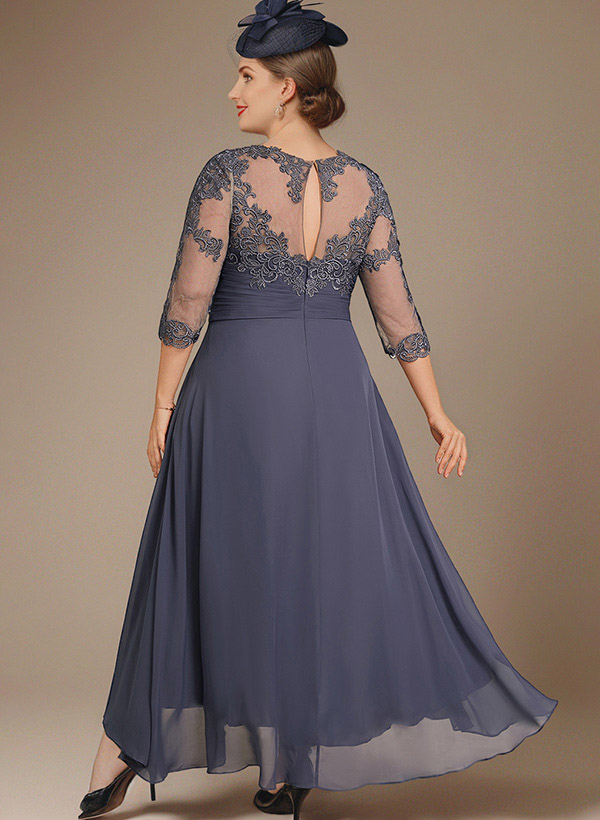 A-Line Scoop Neck 3/4 Sleeves Chiffon Wedding Party Dresses With Appliques Lace