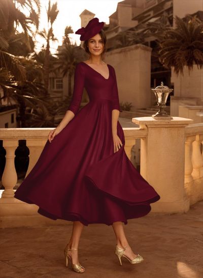 A-Line V-Neck 3/4 Sleeves Tea-Length Matte Satin Mother Of The Bride Dresses