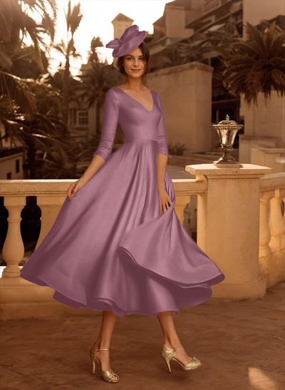 A-Line V-Neck 3/4 Sleeves Tea-Length Matte Satin Mother Of The Bride Dresses