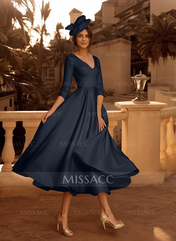 A-Line V-Neck 3/4 Sleeves Tea-Length Matte Satin Mother Of The Bride Dresses