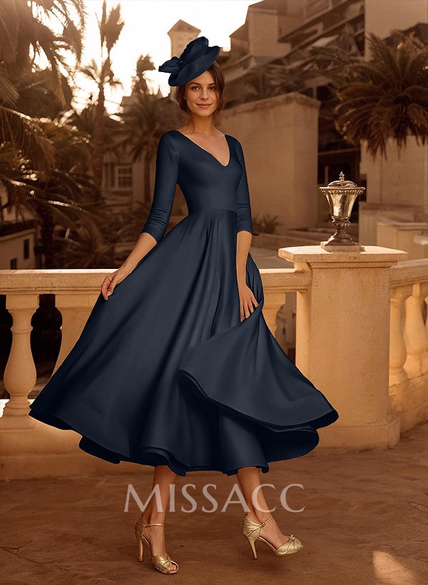 A-Line V-Neck 3/4 Sleeves Tea-Length Matte Satin Mother Of The Bride Dresses