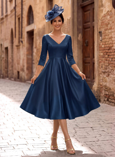 A-Line V-Neck 3/4 Sleeves Tea-Length Matte Satin Mother Of The Bride Dresses