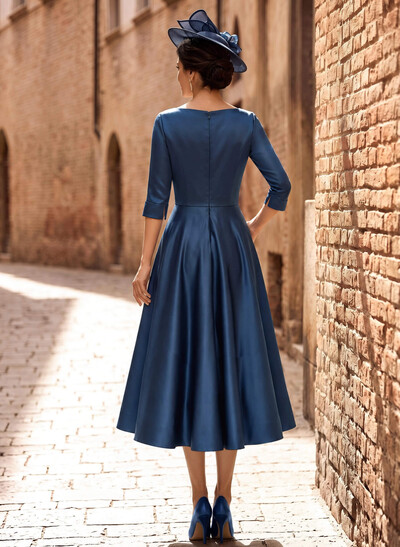 A-Line V-Neck 3/4 Sleeves Tea-Length Matte Satin Mother Of The Bride Dresses