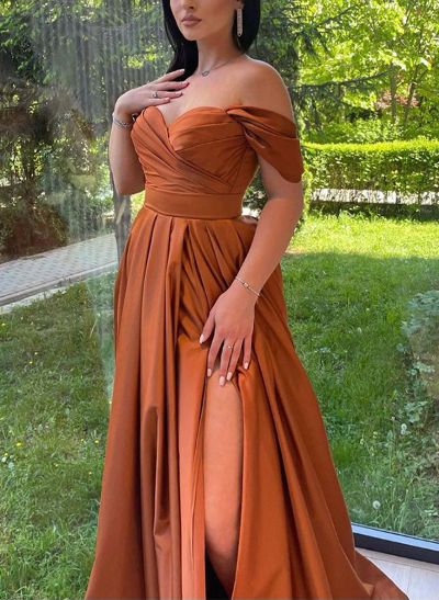 A-Line Off-The-Shoulder Sleeveless Prom Dresses With Split Front