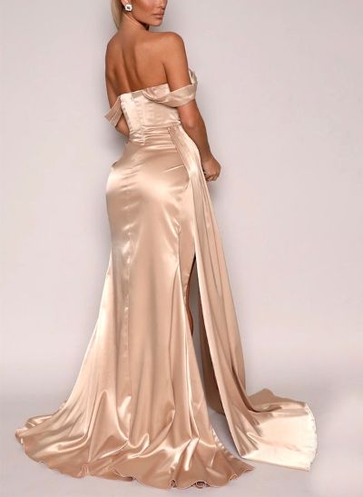 Off-The-Shoulder Sleeveless Sweep Train Prom Dresses With Split Front