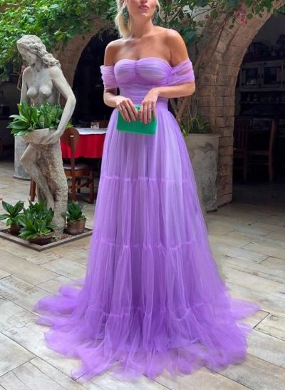 A-Line Off-The-Shoulder Sleeveless Sweep Train Tulle Prom Dresses
