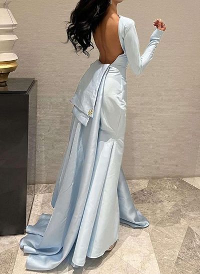 A-Line Long Sleeves Sweep Train Satin Prom Dresses With Back Hole