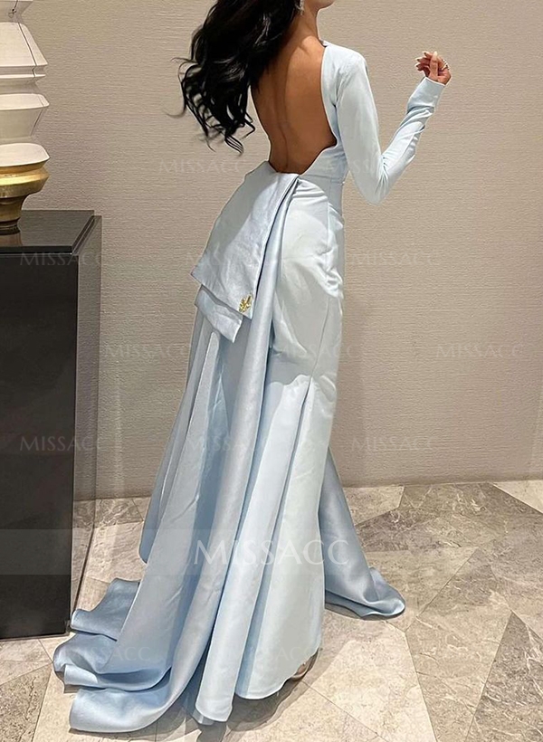 A-Line Long Sleeves Sweep Train Satin Prom Dresses With Back Hole