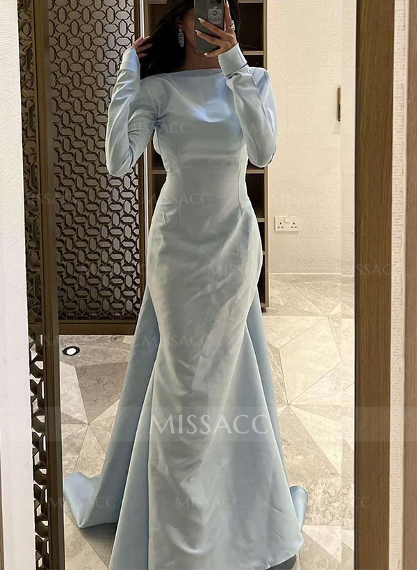 A-Line Long Sleeves Sweep Train Satin Prom Dresses With Back Hole