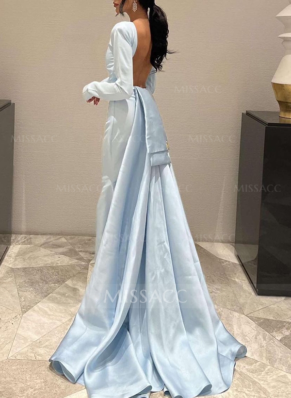 A-Line Long Sleeves Sweep Train Satin Prom Dresses With Back Hole