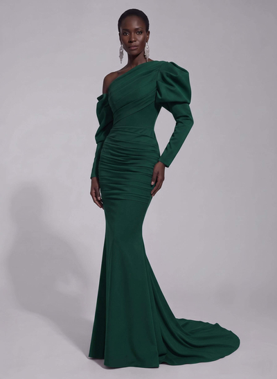 Trumpet/Mermaid Asymmetrical Long Sleeves Sweep Train Elastic Satin Prom Dresses
