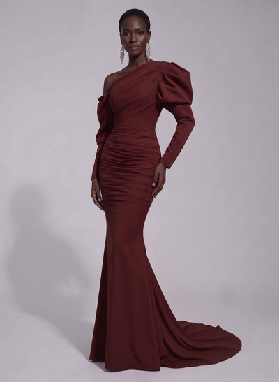 Trumpet/Mermaid Asymmetrical Long Sleeve Stretch Satin Prom Dress With Sweep Train