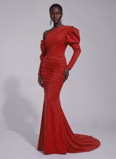 Trumpet/Mermaid Asymmetrical Long Sleeves Sweep Train Elastic Satin Prom Dresses