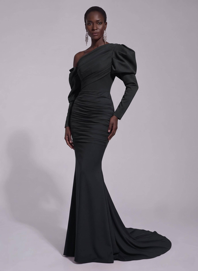 Trumpet/Mermaid Asymmetrical Long Sleeves Sweep Train Elastic Satin Prom Dresses