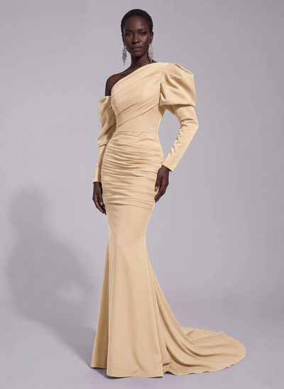Trumpet/Mermaid Asymmetrical Long Sleeves Sweep Train Elastic Satin Prom Dresses