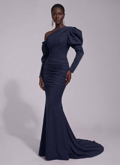 Trumpet/Mermaid Asymmetrical Long Sleeves Sweep Train Elastic Satin Prom Dresses