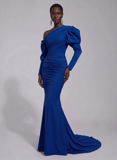 Trumpet/Mermaid Asymmetrical Long Sleeves Sweep Train Elastic Satin Prom Dresses
