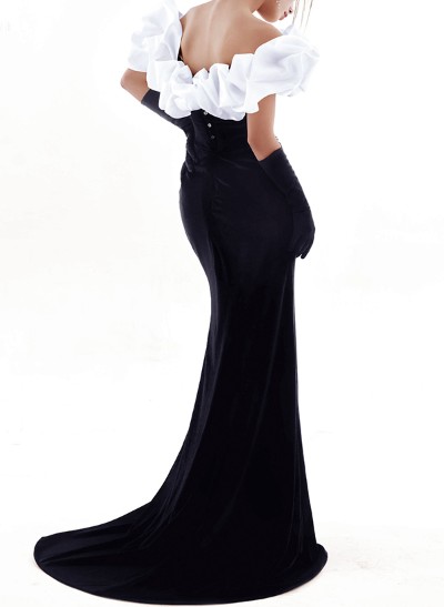 Off-The-Shoulder Sleeveless Sweep Train Satin Prom Dresses