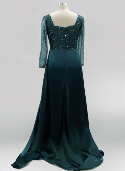 Square Neckline Long Sleeves Sequined Prom Dresses