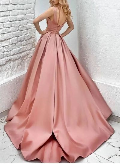Ball-Gown V-Neck Sleeveless Sweep Train Satin Prom Dresses