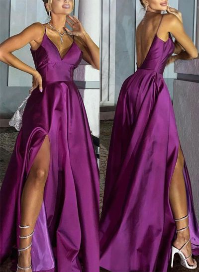 A-Line V-Neck Sleeveless Silk Like Satin Prom Dresses With Split Front