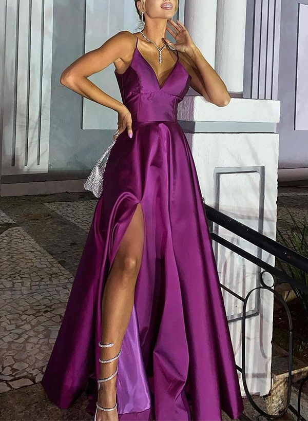 A-Line V-Neck Sleeveless Silk Like Satin Prom Dresses With Split Front