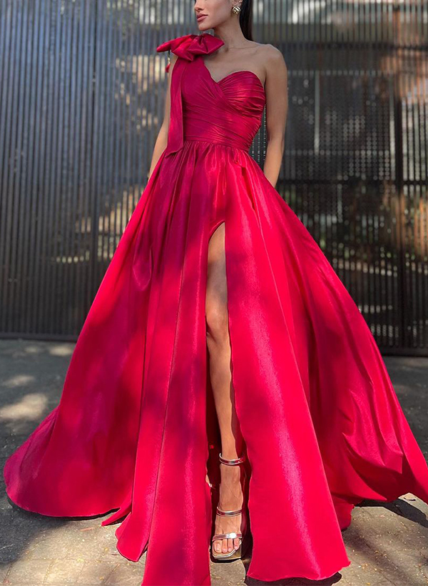 Duchesse-Linie, One-Shoulder-Abschlussballkleid, Ärmellos, Seide Wie Satin, Mit Schleife(n)