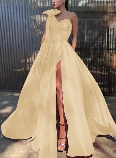 Ball-Gown One-Shoulder Sleeveless Silk Like Satin Prom Dresses With Bow(s)