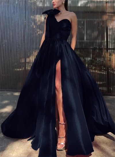 Ball-Gown One-Shoulder Sleeveless Silk Like Satin Prom Dresses With Bow(s)