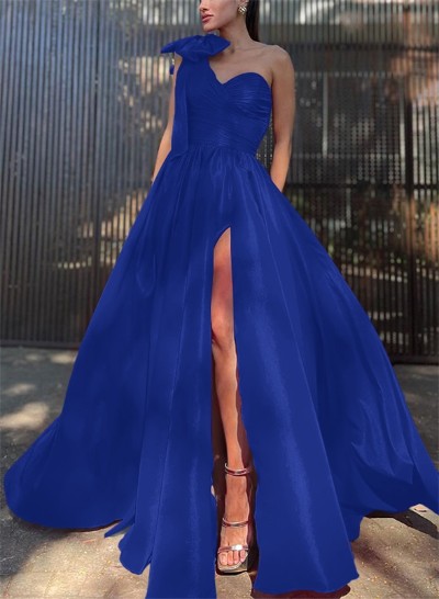 Ball-Gown One-Shoulder Sleeveless Silk Like Satin Prom Dresses With Bow(s)