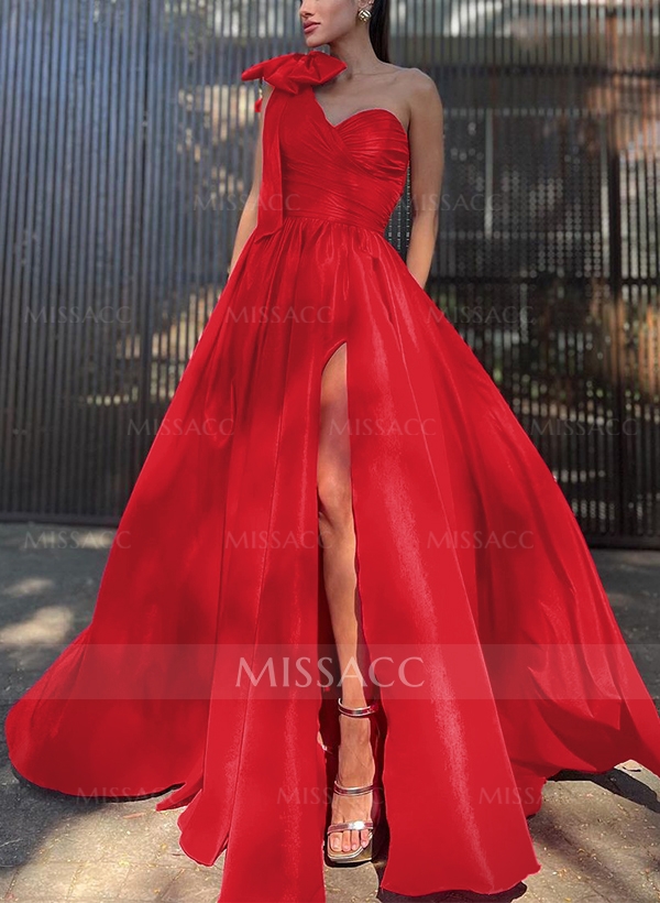 Ball-Gown One-Shoulder Sleeveless Silk Like Satin Prom Dresses With Bow(s)
