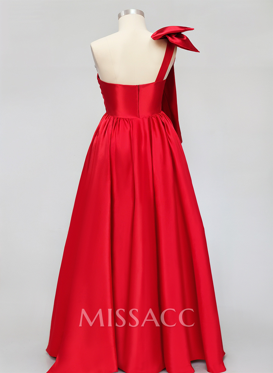Ball-Gown One-Shoulder Sleeveless Silk Like Satin Prom Dresses With Bow(s) Ball-Gown One-Shoulder Sleeveless Silk Like Satin Prom Dresses With Bow(s)