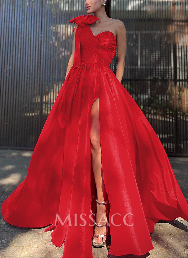Ball-Gown One-Shoulder Sleeveless Silk Like Satin Prom Dresses With Bow(s) Ball-Gown One-Shoulder Sleeveless Silk Like Satin Prom Dresses With Bow(s)