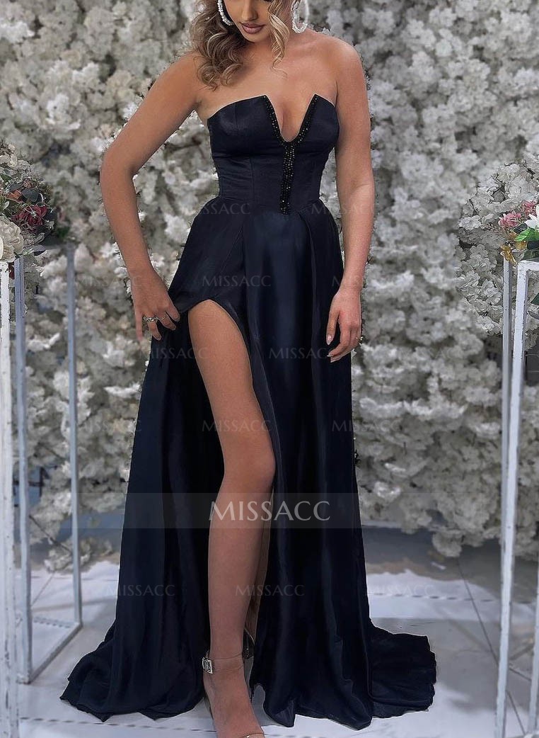 Strapless A-Line Sequined High Slit Prom Dresses