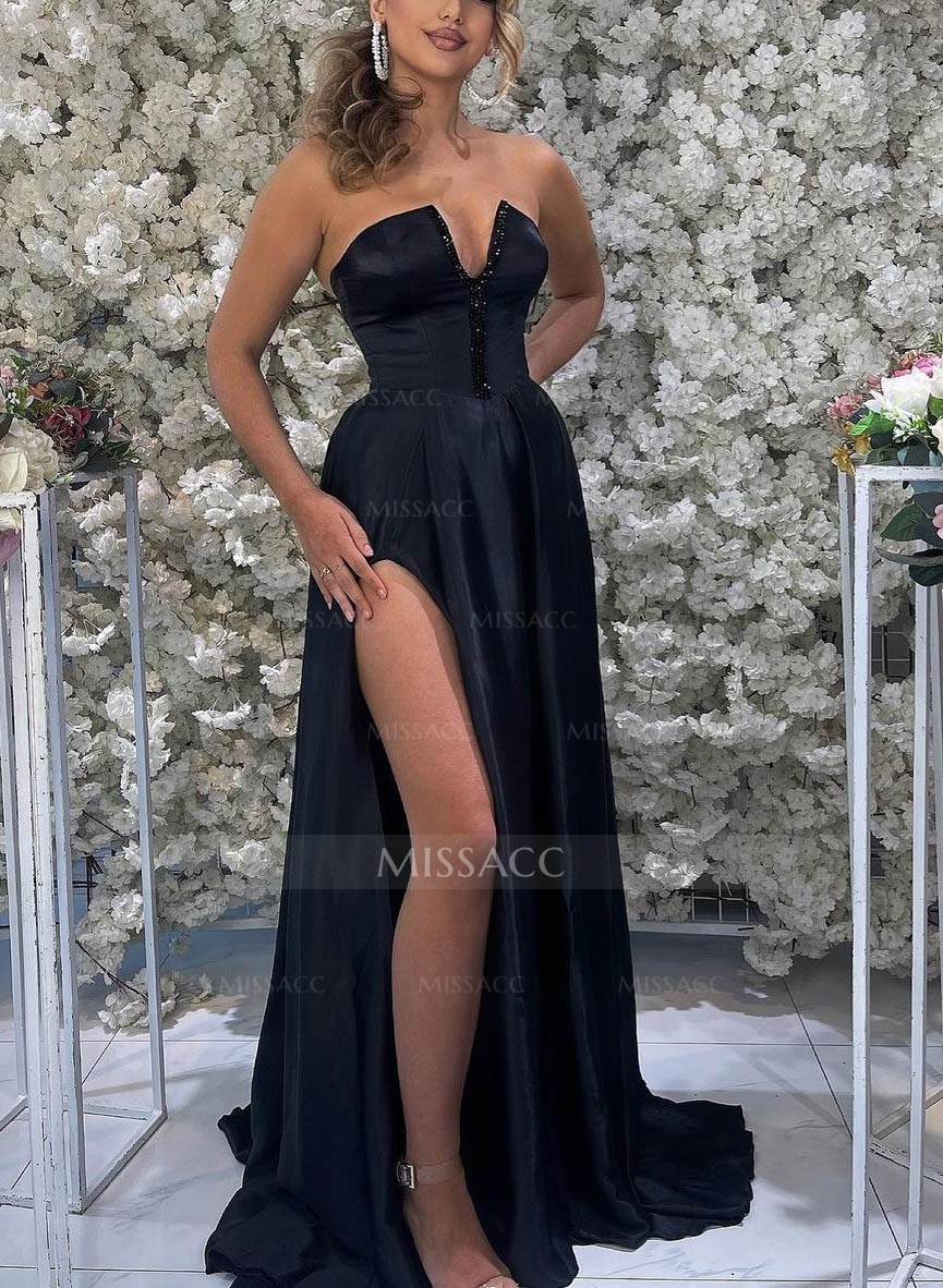 Strapless A-Line Sequined High Slit Prom Dresses