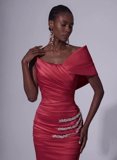 Asymmetrical Sleeveless Matte Satin Trumpet/Mermaid Prom Dresses With Front Slit