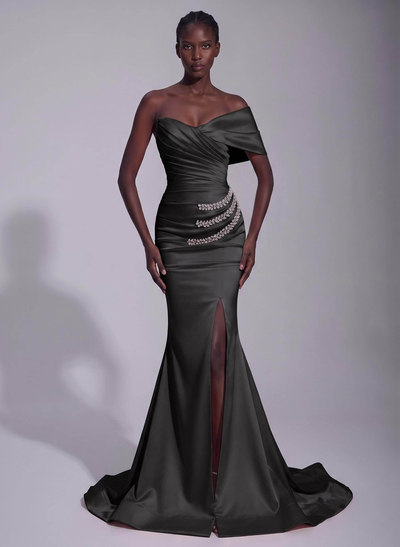 Trumpet/Mermaid Asymmetrical Sleeveless Matte Satin Prom Dresses With Split Front
