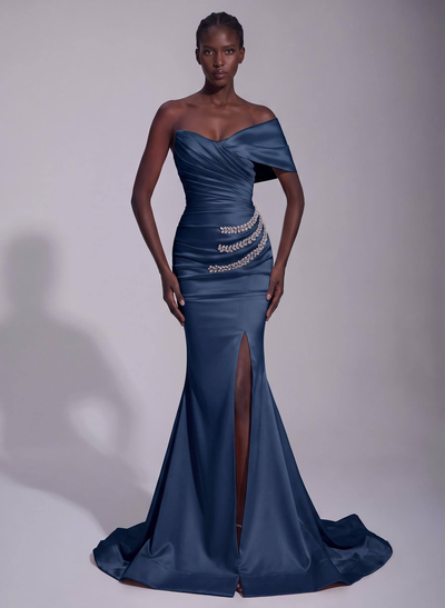 Asymmetrical Sleeveless Matte Satin Trumpet/Mermaid Prom Dresses With Front Slit