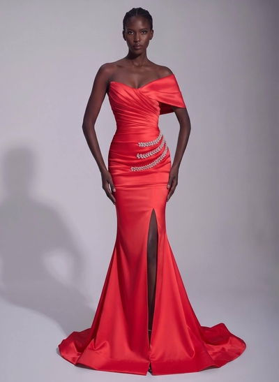 Asymmetrical Sleeveless Matte Satin Trumpet/Mermaid Prom Dresses With Front Slit