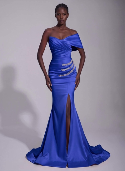 Asymmetrical Sleeveless Matte Satin Trumpet/Mermaid Prom Dresses With Front Slit