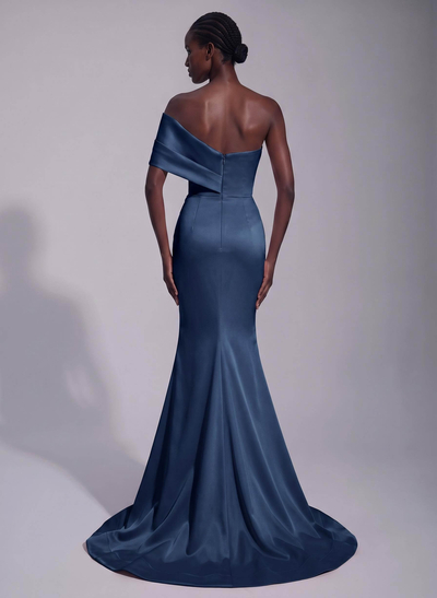 Asymmetrical Sleeveless Matte Satin Trumpet/Mermaid Prom Dresses With Front Slit