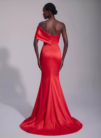 Asymmetrical Sleeveless Matte Satin Trumpet/Mermaid Prom Dresses With Front Slit